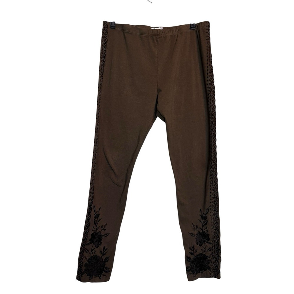 Johnny Was JW Los Angeles Leggings L Green Floral Embroidered